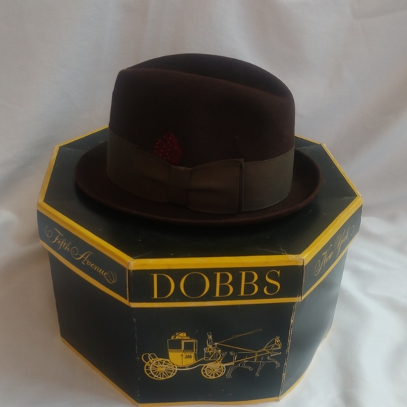 Vintage Dobbs Fifth Avenue Wool Brown Bowtie Feather Fedora Hat w/ Box - Picture 7 of 15